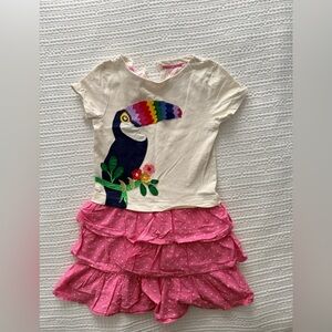 Mini Boden Cream Toucan Tee with Pink Ruffle Skirt